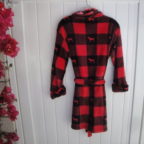 VS PINK Women's Robe XS-S Red & Black Buffalo Plaid Fleece - Picture 4 of 5